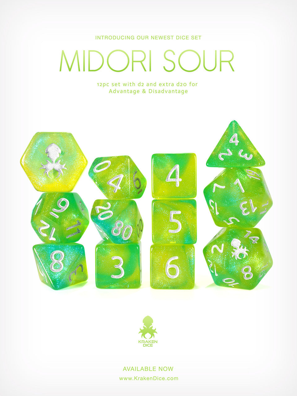 Midori Sour 12pc Glitter RPG Dice Set with Silver Ink